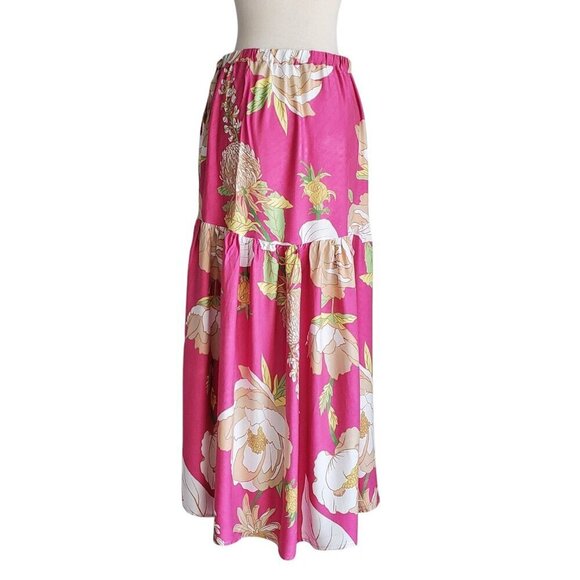 Cynthia Rowley Maxi Wrap Skirt Flowy Ruffle High Low Hem Floral Bright Pink M - Picture 3 of 14